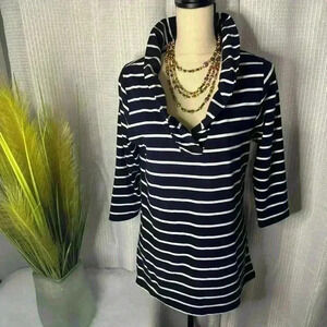 Duffield Lane Women’s M Ruffled Neck 3/4 Sleeve Blue Stripe Tunic Soft V Neck
